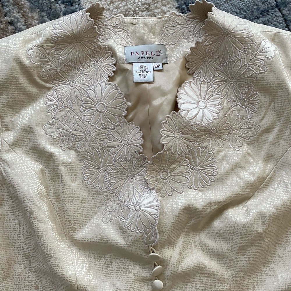 Papell petites 10P 100% silk skirt blazer cream - Picture 6 of 8